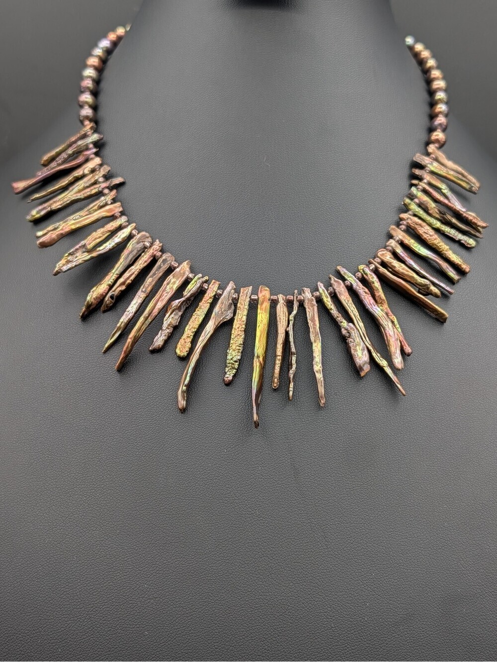 Vintage Peacock Iridescent Biwa Pearl Stick Necklace Statement Fringe 19"